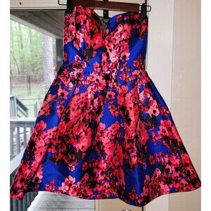 B. Darlin Strapless Sweetheart Bustier Party Dress Blue Red floral black lace XS
